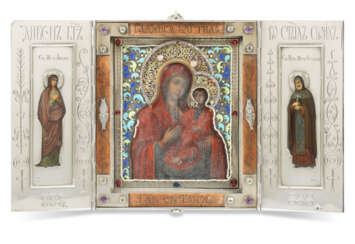 A GEM-SET, ENAMEL AND WOOD SILVER-MOUNTED TRIPTYCH ICON