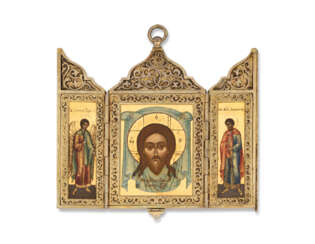 A SILVER-GILT TRIPTYCH ICON OF THE MANDYLION