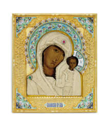 A SILVER-GILT CLOISONNÉ AND CHAMPLEVÉ ENAMEL AND SEED-PEARL ICON OF THE MOTHER OF GOD OF KAZAN 