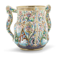 A LARGE AND IMPORTANT SILVER-GILT AND CLOISONNÉ ENAMEL THREE-HANDLED CUP