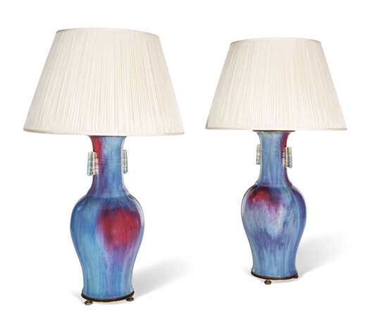A PAIR OF CHINESE PORCELAIN FLAMBE VASES, MOUNTED AS LAMPS - photo 1