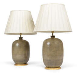 A PAIR OF FAUX SHAGREEN VASES, MOUNTED AS LAMPS