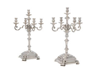 A PAIR OF GEORGE VI SILVER FIVE-LIGHT CANDELABRA