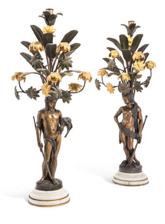 A PAIR OF NAPOLEON III ORMOLU AND PATINATED-BRONZE SIX-LIGHT FIGURAL CANDELABRA - Foto 1