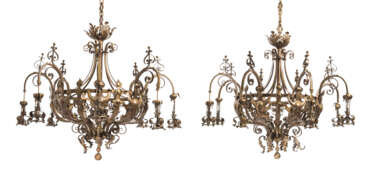 A PAIR OF LARGE FRENCH 'ART NOUVEAU' BRASS EIGHT-LIGHT CHANDELIERS