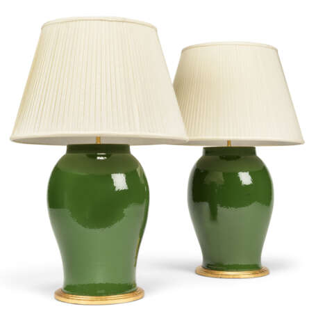 A PAIR OF CHINESE GREEN PORCELAIN VASES, MOUNTED AS LAMPS - photo 1