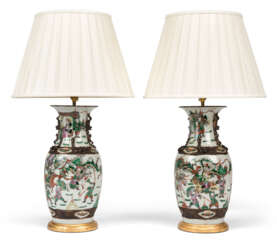 A PAIR OF CHINESE FAMILLE VERTE PORCELAIN VASES, MOUNTED AS LAMPS