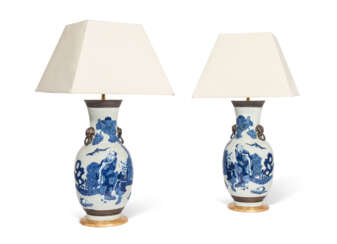 A PAIR OF CHINESE BLUE AND WHITE PORCELAIN VASES, MOUNTED AS LAMPS