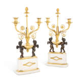 A PAIR OF LATE LOUIS XVI ORMOLU, PATINATED-BRONZE AND WHITE MARBLE TWO-LIGHT CANDELABRA - photo 1