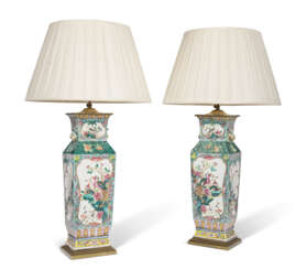 A PAIR OF CHINESE FAMILLE ROSE PORCELAIN VASES, MOUNTED AS LAMPS