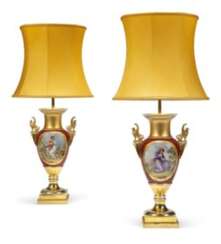 A PAIR OF FRENCH PARIS PORCELAIN PARCEL-GILT DECORATED VASES, MOUNTED AS LAMPS
