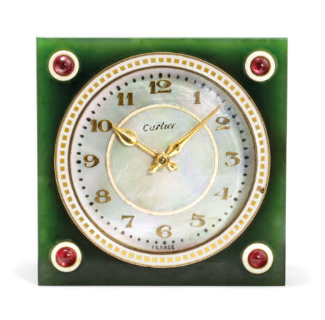Cartier. ART DECO NEPHRITE JADE, RUBY, ENAMEL AND MOTHER-OF-PEARL CLOCK, CARTIER - photo 1