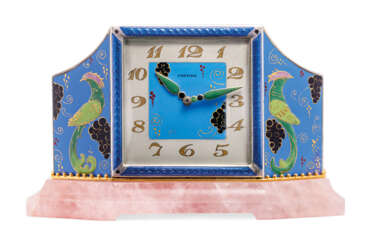 EARLY 20TH CENTURY ENAMEL AND PINK QUARTZ DESK CLOCK, CARTIER