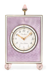 BELLE EPOQUE ENAMEL AND PINK QUARTZ QUARTER REPEATER CLOCK, CARTIER