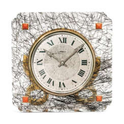 ART DECO RUTILATED QUARTZ, CORAL AND DIAMOND DESK CLOCK, CARTIER