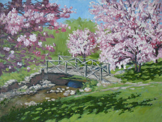 Painting “The bridge.Garden”, Canvas, Oil paint, Realist, Landscape painting, 2017 - photo 1