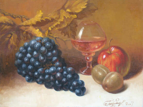 Painting “glass and plums”, Canvas, Oil paint, Realist, Still life, 2007 - photo 1