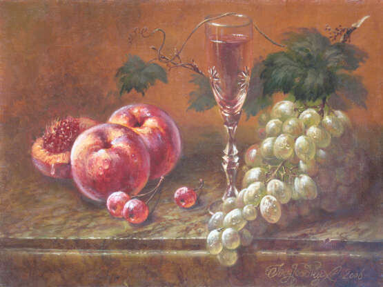 Painting “peaches and cherries”, Canvas, Oil paint, Realist, Still life, 2006 - photo 1
