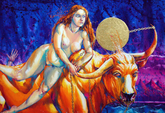 Gemälde „Die Entführung Der Europa. Golden Bull. Leinwand , Gouache, Blattgold, zu 90h120 Jahr 2016.“, Leinwand, Acrylfarbe, Romantik, Mythologisches, 2016 - Foto 2