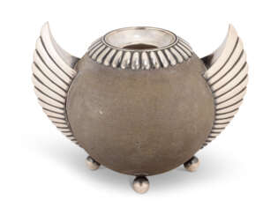 A SILVER-MOUNTED SANDSTONE MATCH HOLDER
