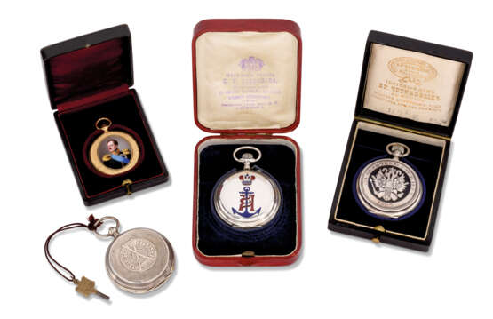 FOUR ENAMEL, SILVER AND GOLD POCKET WATCHES - фото 1