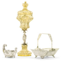 A LARGE PARCEL-GILT SILVER PINEAPPLE COVERED CUP, A CRUET AND A CASKET