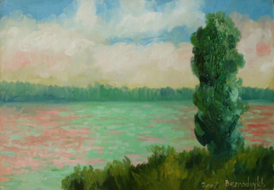 Painting “Joyous lake”, Cardboard, Oil paint, Realist, Landscape painting, 2007 - photo 1
