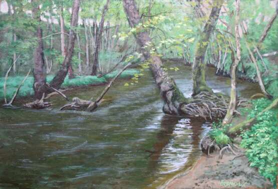 Painting “river in the forest”, Cardboard, Oil paint, Realist, Landscape painting, 2012 - photo 1