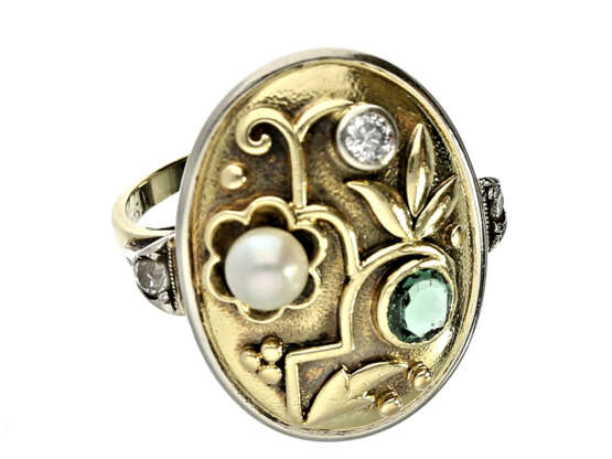 Ring: ausgesprochen schöner vintage Goldschmiedering mit Turmalin/Perle/Diamant - photo 1