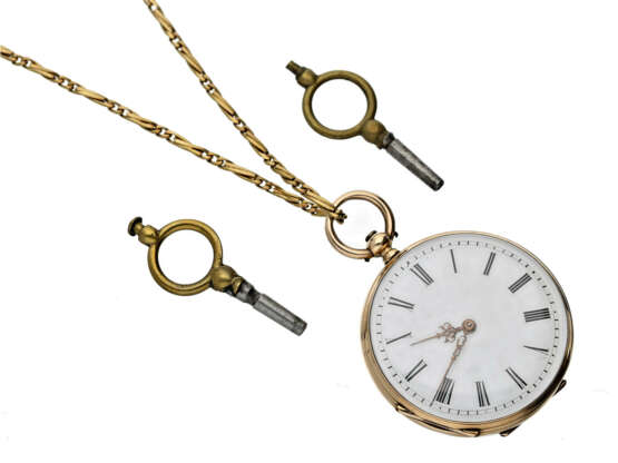 Taschenuhr/Anhängeuhr: feine Damenuhr mit dazugehöriger goldener Uhrenkette, signiert J & C.B Geneve, um 1900 - photo 1