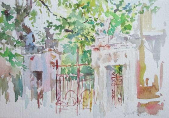 Drawing “The gate of the city, after a hot day.”, Paper, Watercolor, Impressionist, Landscape painting, 2020 - photo 1