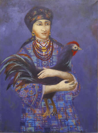 Gemälde „Das Mädchen mit dem schwarzen Hahn“, Leinwand, Ölfarbe, Alltagsleben, 2014 - Foto 1