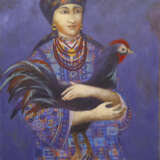 Gemälde „Das Mädchen mit dem schwarzen Hahn“, Leinwand, Ölfarbe, Alltagsleben, 2014 - Foto 1