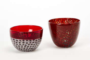 Murrine glass cup "ruota" black and lattimo with incalmo edge in red transparent glass