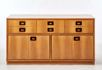 Two-tier chest of drawers with six drawers in the upper band and two double door compartments in the lower band