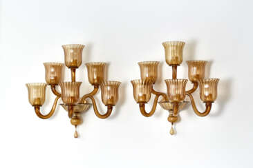 Pair of six-light wall lamps in pagliesco blown glass