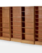 Lot of five bookcases of different depth in Novecento manner with adjustable open shelves