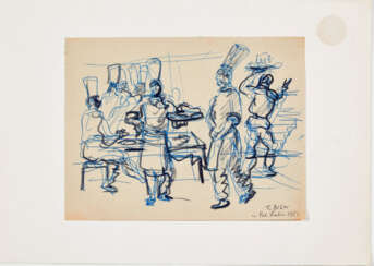 Drawing depicting a group of chefs inside the kitchens of Palazzo Labia in Venice