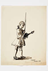Drawing depicting a young violinist in eighteenth-century clothes