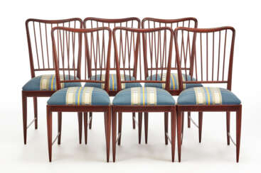 Six chairs in mahogany and solid walnut with upholstered seat covered in white