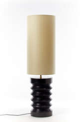 Lamp with ebonized and lacquered solid wood base and parchment cylindrical lampshade