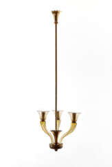 Suspension lamp with three lights in pagliesco blown glass with cup lampshades and brass inserts