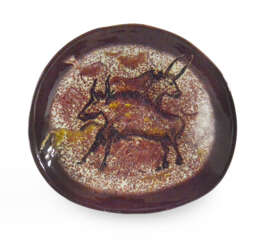 Yellow and black underglazed cast ceramic stand depicting bulls and horses