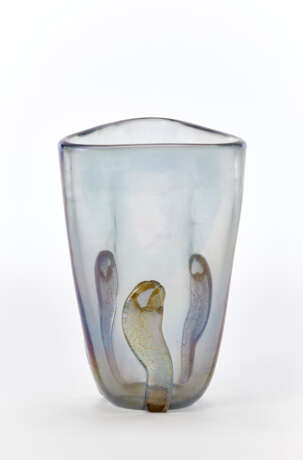 Manifattura di Murano. Vase in transparent gray blown glass strongly iridescent on the external surface with three applications in relief with gold leaf - photo 1