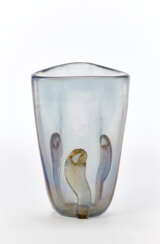 Vase in transparent gray blown glass strongly iridescent on the external surface with three applications in relief with gold leaf