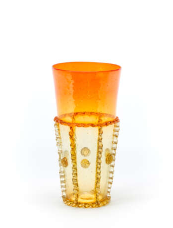 Yellow and orange incalmo blown glass vase with irregular inclusion of bubbles and hot applications - Foto 1