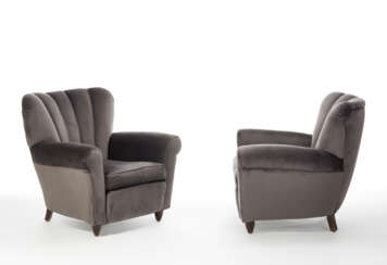Pair of upholstered bergère with wooden structure and gray velvet covering