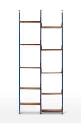 Two-span bookcase with blue painted steel uprights