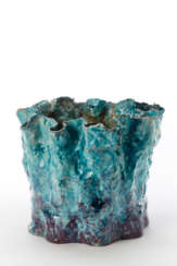 Large glazed ceramic cachepot in shades of blue