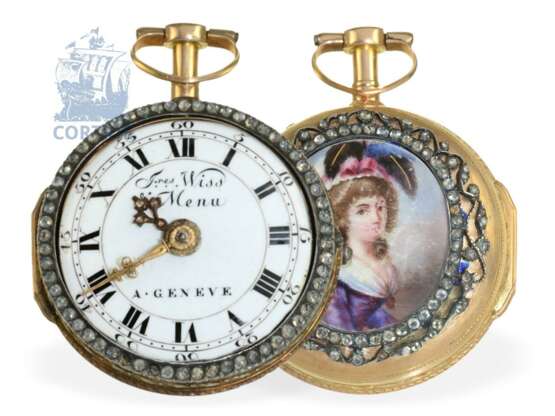 Pocket watch: rare paircase verge watch with enamel painting and jewels, Freres Wiss & Menu a Geneve ca. 1770 - photo 3